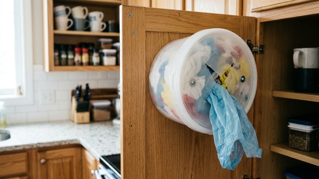 Pote de sorvete vazio vira dispensador de sacolas com invenção caseira que libera espaço dentro do armário