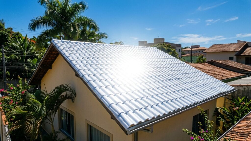 A gambiarra com tinta branca refletiva no telhado que funciona como escudo térmico caseiro: a superfície devolve parte da radiação solar, absorve menos calor durante o dia e ajuda a deixar os ambientes internos mais frescos sem consumir eletricidade