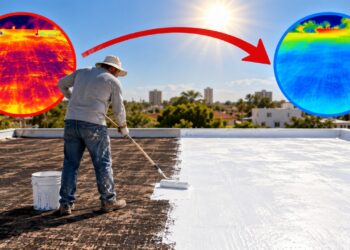 A gambiarra com tinta branca refletiva no telhado que funciona como escudo térmico caseiro: a superfície devolve parte da radiação solar, absorve menos calor durante o dia e ajuda a deixar os ambientes internos mais frescos sem consumir eletricidade