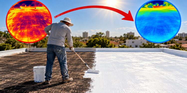 A gambiarra com tinta branca refletiva no telhado que funciona como escudo térmico caseiro: a superfície devolve parte da radiação solar, absorve menos calor durante o dia e ajuda a deixar os ambientes internos mais frescos sem consumir eletricidade