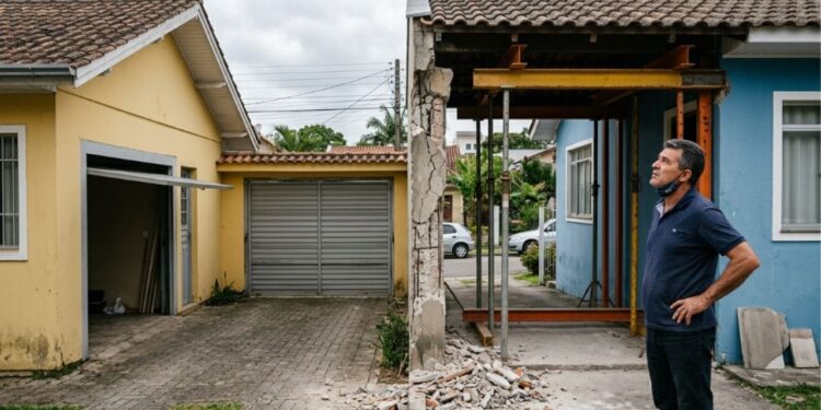 Casal derruba muro para ampliar a garagem e descobre no meio da obra que a coluna que achava sua também sustentava o telhado do vizinho: o que diz a lei sobre parede-meia e quem paga o reforço