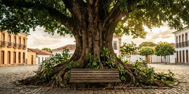 Grande árvore adulta com copa ampla fazendo sombra sobre banco vazio em uma praça arborizada. - (Imagem gerada por inteligência artificial-ChatGPT/Olhar Digital)