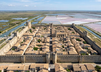 Vista do alto, Aigues-Mortes continua marcada por muralhas do século XIII, áreas alagadas e enormes salinas