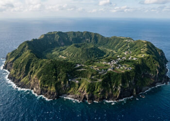 O povoado japonês construído numa ilha que é uma cratera vulcânica emergindo do oceano, onde o vapor da terra pode cozinhar alimentos