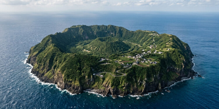 O povoado japonês construído numa ilha que é uma cratera vulcânica emergindo do oceano, onde o vapor da terra pode cozinhar alimentos