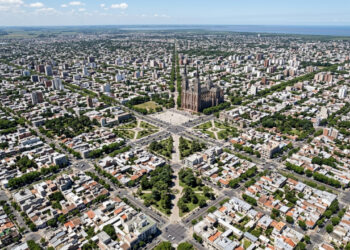 Vista do alto, uma cidade argentina revela um quadrado planejado no século XIX com diagonais em cruz e losango e uma rede de 20 praças