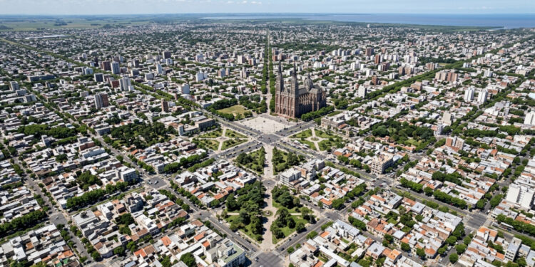 Vista do alto, uma cidade argentina revela um quadrado planejado no século XIX com diagonais em cruz e losango e uma rede de 20 praças