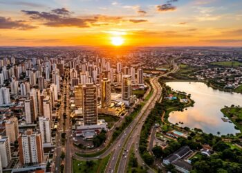 Vista aérea de São José do Rio Preto ao entardecer, com prédios, avenidas largas e áreas verdes. - (Imagem gerada por inteligência artificial-ChatGPT/Olhar Digital)