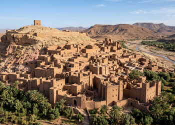 Vista do alto, um povoado de terra parece crescer da própria montanha, com casas comprimidas entre muralhas e torres no limite do deserto