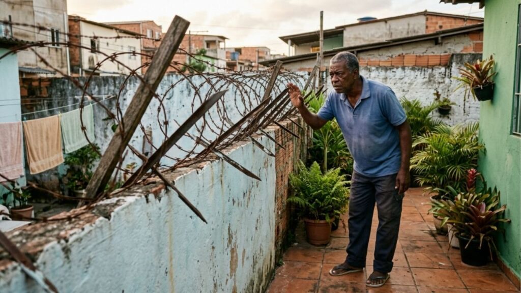 Casal instala concertina sobre o muro compartilhado e vizinho mede 22 centímetros de lâmina invadindo o quintal: até onde vai o direito de proteger a própria casa quando o muro é de dois