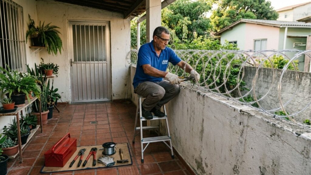 Casal instala concertina sobre o muro compartilhado e vizinho mede 22 centímetros de lâmina invadindo o quintal: até onde vai o direito de proteger a própria casa quando o muro é de dois