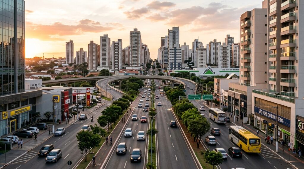 Avenida ampla em São José do Rio Preto com edifícios modernos e acesso rodoviário integrado à área urbana. - (Imagem gerada por inteligência artificial-ChatGPT/Olhar Digital)