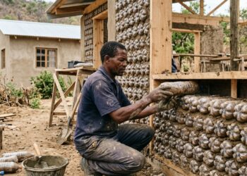 Construção de paredes com garrafas PET e terra