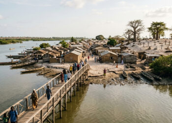 Uma ponte de madeira leva a uma ilha do Senegal onde o chão é de conchas e cruzes dividem espaço com túmulos muçulmanos