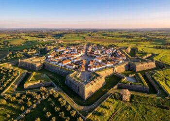 Vista aérea da fortaleza em forma de estrela da vila histórica de Almeida, em Portugal. - (Imagem gerada por inteligência artificial-ChatGPT/Olhar Digital)