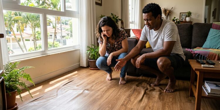 Casal troca o piso de madeira por vinílico para facilitar a limpeza e se arrepende no primeiro verão: o que ninguém conta sobre marca de móvel pesado, dilatação perto do janelão e a diferença de barulho quando alguém anda de salto em cima