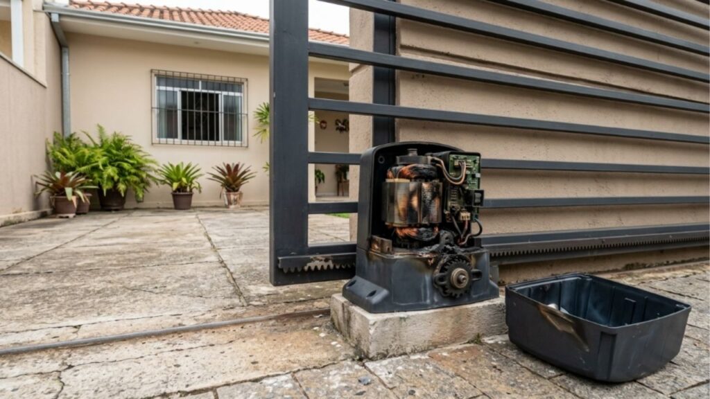 Serralheiro com 22 anos de ofício diz que, em sua experiência, 7 em cada 10 motores de portão automático queimam por causa do desalinhamento do trilho, e mostra a checagem inicial com nível de bolha que o morador pode fazer em cinco minutos, com a alimentação desligada