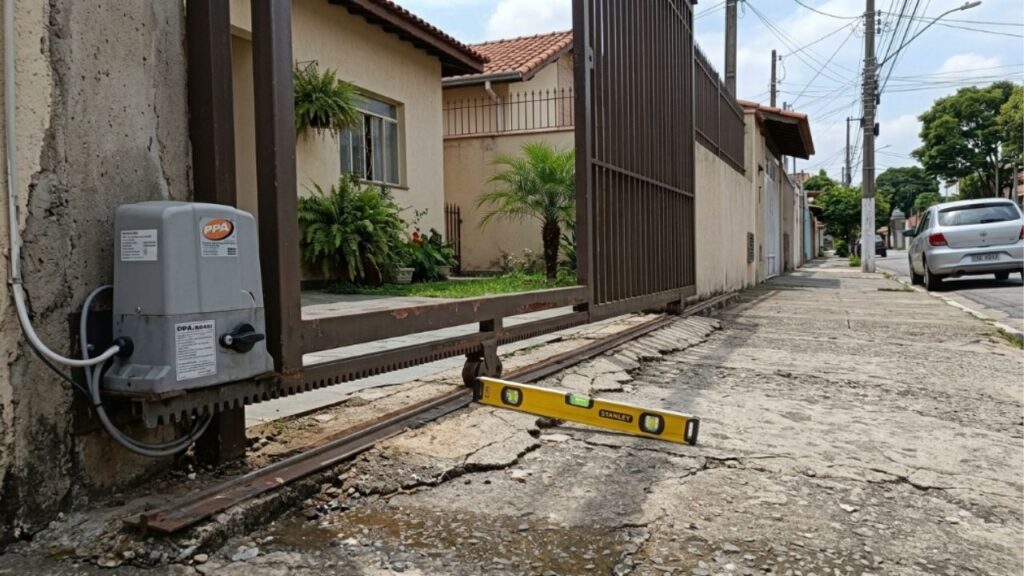 Serralheiro com 22 anos de ofício diz que, em sua experiência, 7 em cada 10 motores de portão automático queimam por causa do desalinhamento do trilho, e mostra a checagem inicial com nível de bolha que o morador pode fazer em cinco minutos, com a alimentação desligada