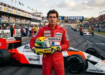 Ayrton Senna em traje de corrida ao lado de um carro de Fórmula 1, segurando o capacete amarelo em um autódromo. - (Imagem gerada por inteligência artificial-ChatGPT/Olhar Digital)