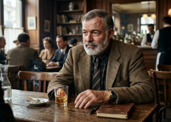 Ernest Hemingway sentado à mesa em postura de escuta atenta, observando um interlocutor fora do enquadramento. - (Imagem gerada por inteligência artificial-ChatGPT/Olhar Digital)