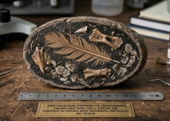 Coprólito fossilizado em corte mostrando uma pequena pena preservada, fragmentos de ossos e escamas em seu interior. - (Imagem gerada por inteligência artificial-ChatGPT/Olhar Digital)