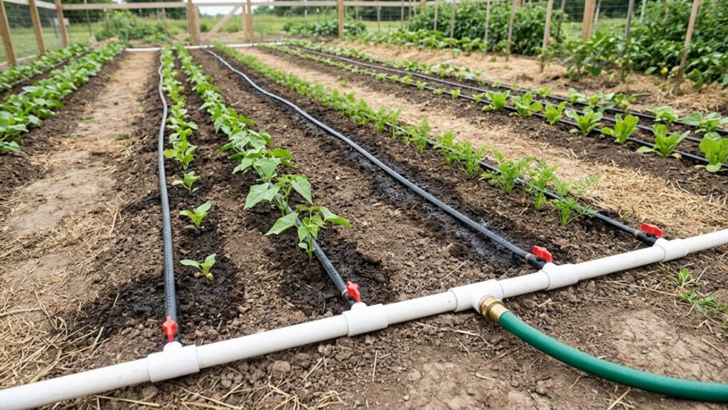 Rede de PVC leva água direto às raízes da horta