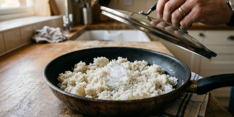 Colocar uma pedra de gelo na frigideira antes de reaquecer arroz: para que serve e por que a técnica funciona