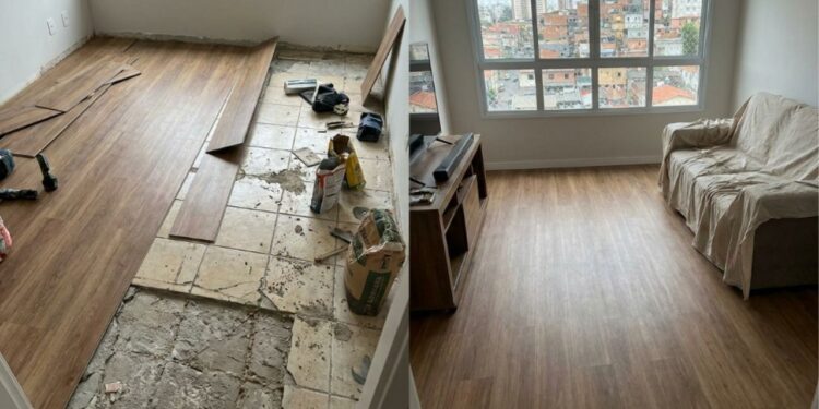 Instalador de piso que reforma sala faz sempre o mesmo alerta: piso vinílico colado direto sobre cerâmica antiga sem regularização pode marcar ou ondular, e laminado sem a manta exigida pelo fabricante pode transmitir mais ruído ao apartamento de baixo
