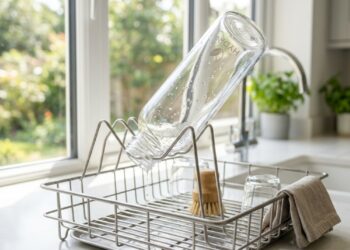 Garrafinha reutilizável transparente invertida em escorredor seco, com gotas escorrendo e interior ventilado. - (Imagem gerada por inteligência artificial-ChatGPT/Olhar Digital)