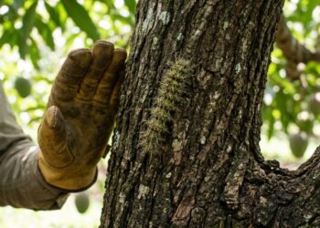 Taturana do gênero Lonomia sobre tronco de árvore, próxima a uma mão protegida por luva grossa de jardinagem. - (Imagem gerada por inteligência artificial-ChatGPT/Olhar Digital)