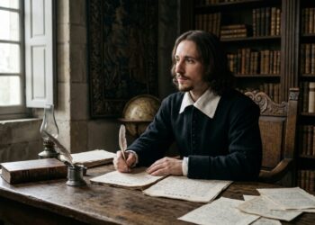 Blaise Pascal sentado diante de uma mesa com manuscritos de Pensées, pena e tinteiro em um ambiente do século XVII. - (Imagem gerada por inteligência artificial-ChatGPT/Olhar Digital)