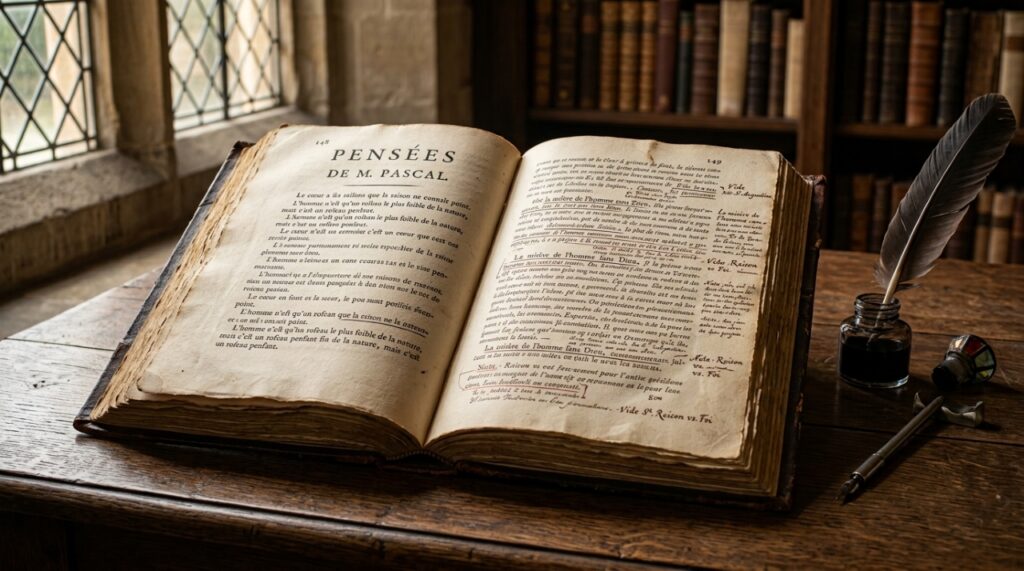 Manuscrito antigo de Pensées aberto sobre mesa de madeira, com pena e tinteiro ao lado. - (Imagem gerada por inteligência artificial-ChatGPT/Olhar Digital) 