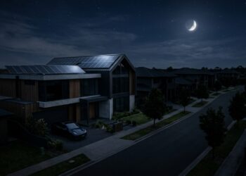 Casa com painéis solares no telhado durante um apagão noturno, sem iluminação interna e com a rua também escura. - (Imagem gerada por inteligência artificial-ChatGPT/Olhar Digital)