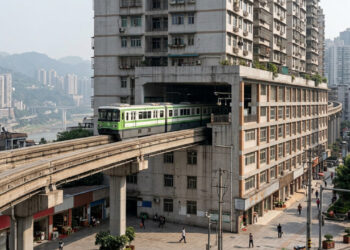 Uma cidade chinesa colocou uma estação dentro de um prédio residencial, e o monotrilho atravessa a construção entre o sexto e o sétimo andares
