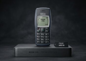 Nokia 1100 original em excelente estado sobre pedestal, com etiqueta de preço de US$ 93 ao lado. - (Imagem gerada por inteligência artificial-ChatGPT/Olhar Digital)