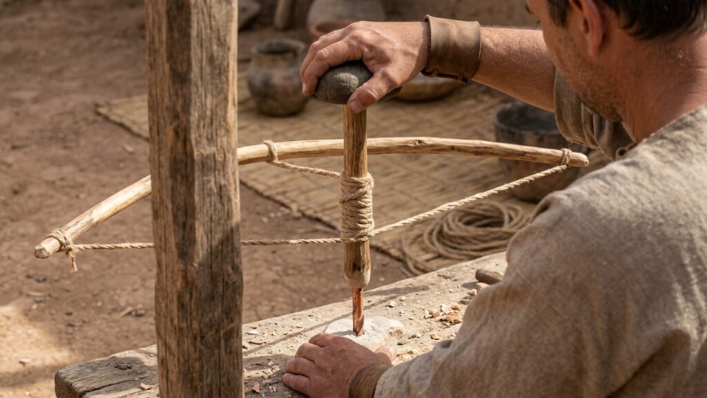 A peça egípcia de 5.300 anos ligada a uma furadeira de arco - Imagem ilustrativa criada por inteligência artificial (ChatGPT / Olhar Digital)