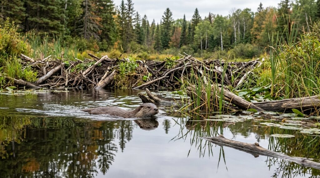 Lontra nadando em uma área úmida cercada por vegetação e troncos naturais, formada pela ação de castores. - (Imagem gerada por inteligência artificial-ChatGPT/Olhar Digital) 