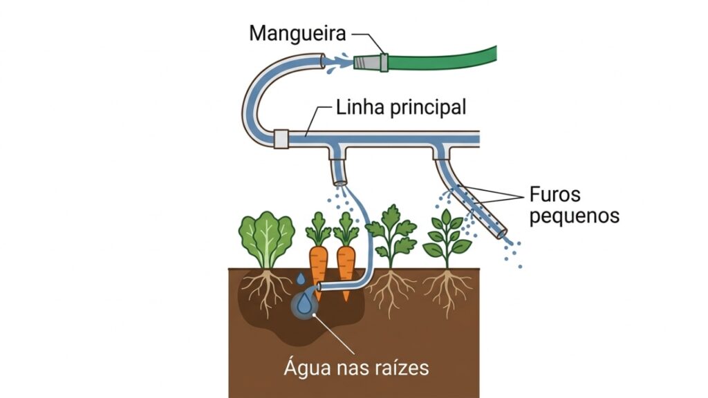Rede de PVC leva água direto às raízes da horta
