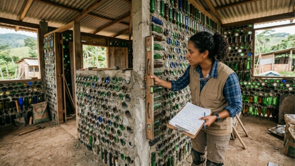 Pedreiros estão erguendo casas com garrafas PET e terra compactada, sem cimento nas paredes, e a obra fica pronta em 10 dias