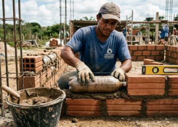 Pedreiros estão erguendo casas com garrafas PET e terra compactada, sem cimento nas paredes, e a obra fica pronta em 10 dias