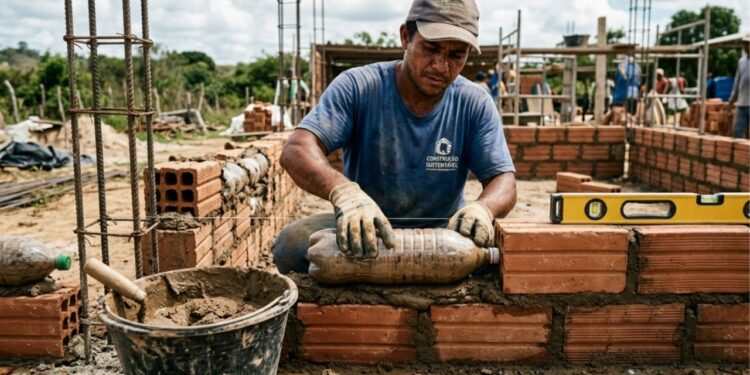 Pedreiros estão erguendo casas com garrafas PET e terra compactada, sem cimento nas paredes, e a obra fica pronta em 10 dias
