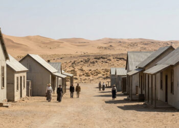 Reconstrução mostra o contraste entre infraestrutura e deserto em Kolmanskop - Imagem criada por inteligência artificial (ChatGPT / Olhar Digital)