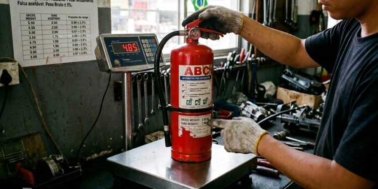 O extintor de carro que está debaixo do banco pode estar vencido e você nem sabe: a validade é de 5 anos para pó ABC, mas o ponteiro do manômetro na faixa verde não garante que a carga ainda sai, o teste é pesar o extintor e comparar com o peso marcado na etiqueta