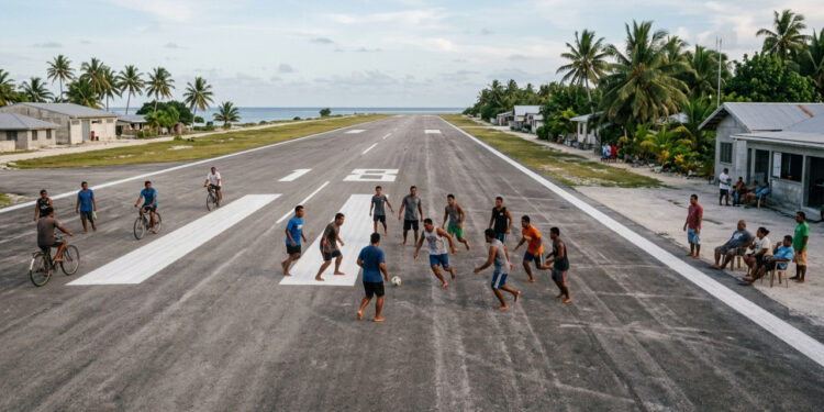 A pista do aeroporto internacional é o principal espaço público do país: quando o último avião decola, ela vira campo de futebol, quadra de vôlei, pista de bicicleta e sala de estar coletiva