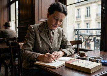 Simone de Beauvoir escrevendo à mesa ao lado de um exemplar de O Segundo Sexo em cenário parisiense. - (Imagem gerada por inteligência artificial-ChatGPT/Olhar Digital)