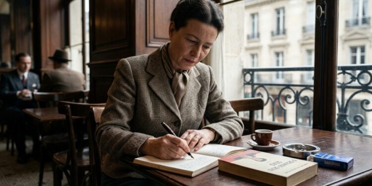 Simone de Beauvoir escrevendo à mesa ao lado de um exemplar de O Segundo Sexo em cenário parisiense. - (Imagem gerada por inteligência artificial-ChatGPT/Olhar Digital)