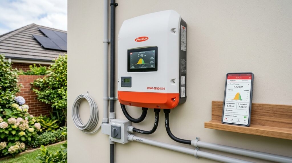 Inversor solar residencial com tela digital e smartphone exibindo aplicativo de monitoramento da geração de energia. - (Imagem gerada por inteligência artificial-ChatGPT/Olhar Digital) 
