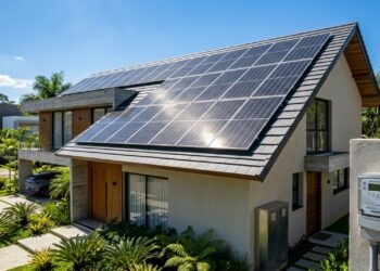 Telhado de residência com painéis solares fotovoltaicos e medidor bidirecional de energia instalado na parede externa. - (Imagem gerada por inteligência artificial-ChatGPT/Olhar Digital)