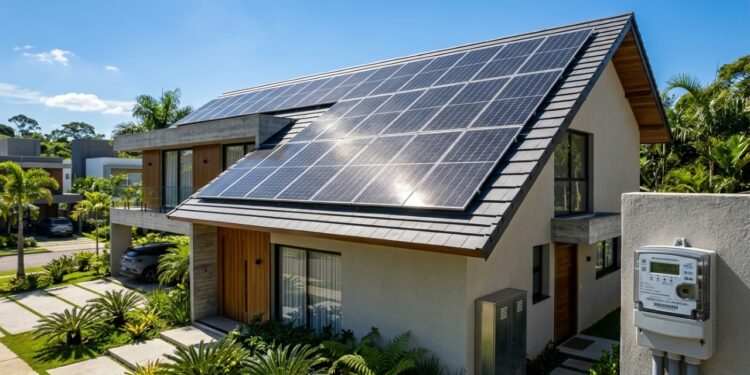Telhado de residência com painéis solares fotovoltaicos e medidor bidirecional de energia instalado na parede externa. - (Imagem gerada por inteligência artificial-ChatGPT/Olhar Digital)