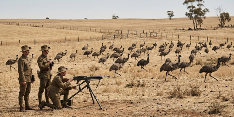 O exército australiano declarou guerra a emas em 1932, mandou soldados com metralhadora, e desistiu porque as aves se dividiam em grupos pequenos ao serem atacadas